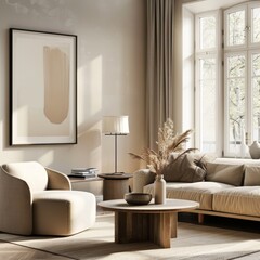 A living room with a white couch, a coffee table, and a chair. The room has a modern and minimalist design with a large picture on the wall