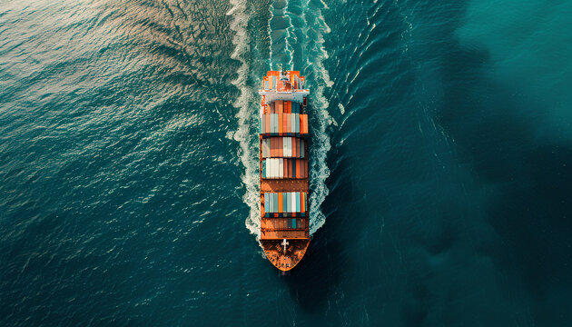 container ship sailing in the ocean top view