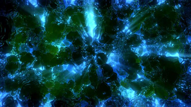 A motion background of abstract caustic and liquid effects continually morphing a moving with shimmering detail.