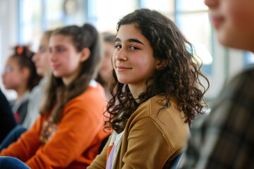 Obraz premium Smiling Girl in Classroom Setting 