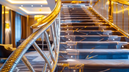 A luxurious staircase with a handrail of intertwined silver and gold, leading to a private penthouse suite