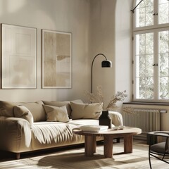 A living room with a couch, coffee table, and a vase of flowers. The room has a minimalist design with a neutral color palette. The couch is positioned in front of a window