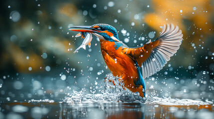 A colorful kingfisher in fast motion catches fish in a body of water, splashing water against a natural background.