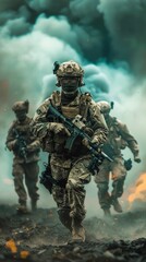 Obraz premium Soldiers Advancing Through Smoke and Debris. Generative ai