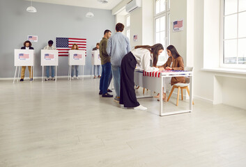 Side view portrait of young girl american citizen registering at polling station with American...