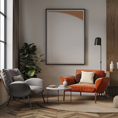 A living room with a white coffee table and two chairs. A large framed picture hangs on the wall