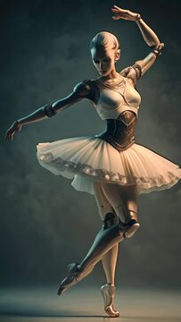 Graceful robotic ballerina in elegant tutu performing ballet dance, blending technology and artistry in futuristic harmony