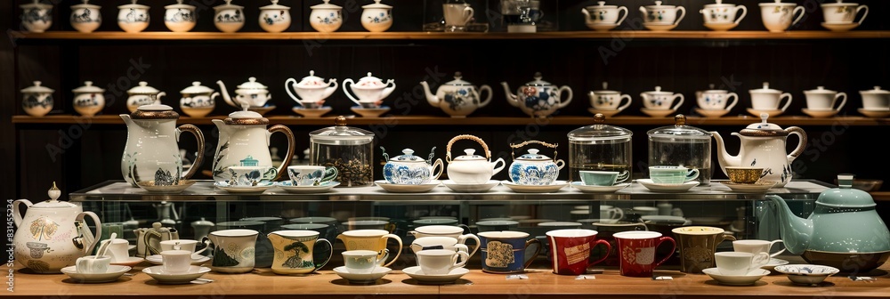 Poster a display case overflowing with an array of cups and saucers, showcasing a diverse collection of sty