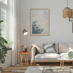 A living room with a white couch, a coffee table, and a lamp. The room is decorated with a blue and white abstract painting on the wall