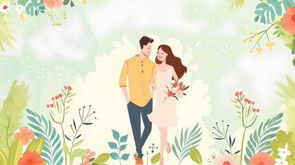 A couple is walking hand in hand, holding flowers and smiling happily at each other, surrounded by lush greenery and blooming flowers.