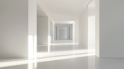 White empty interior space, minimalist architecture concept, wide hallway with open doors leading down the corridor, light and shadow play, modern design in the style of modern design.
