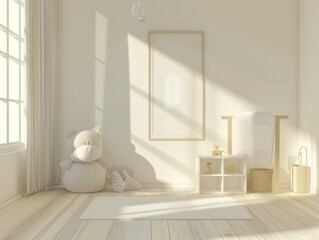 A white room with a teddy bear and a picture frame. The room is very clean and bright, with a lot of natural light coming in through the windows. The teddy bear is sitting on a rug