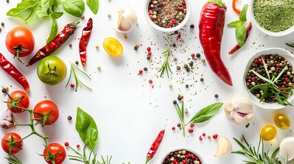 Colorful food ingredients with spices and vegetables on a white background, space for text. On the right side is an empty table top with red chili peppers and herbs in small bowls. - Powered by Adobe