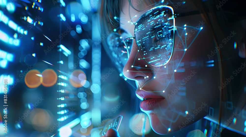 Poster software, data hologram and woman with code analytics, information technology and gdpr overlay. prog