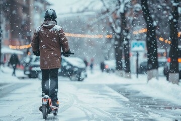 Person riding an electric scooter on a snowy city street, with festive lights and snowfall