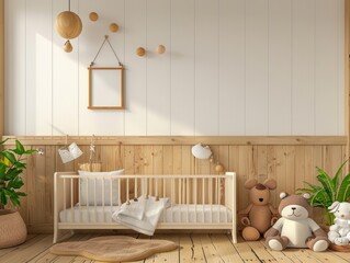 A nursery room with a crib, a teddy bear, and a plant. The room is decorated with wooden accents and has a warm, cozy atmosphere