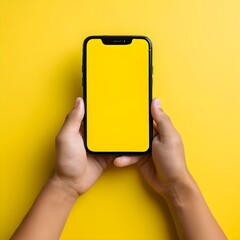 Mock-Up Empty Yellow Mobile Screen, Close-Up of Man Holding Smartphone with Blank Screen on Yellow Background,

