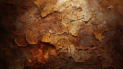 Fototapeta premium A photorealistic background texture of an ancient cave wall with cracked earth and dust, giving it the look of being lit by firelight from above. The cave is a dark brown color with visible cracks on 