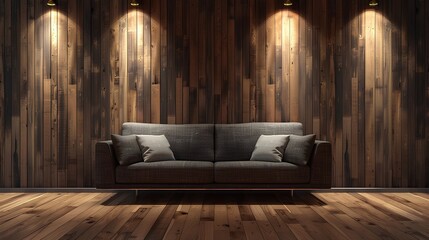 Dark gray sofa against wooden wall with spotlights. Modern interior design of modern living room