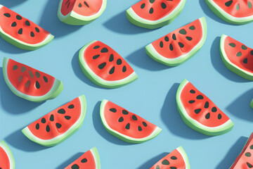 
3D isometric pattern of watermelon on a blue background, seamless wallpaper, pastel color theme using red and green colors, simple shapes, simple minimalist style, vector illustration, bright color p
