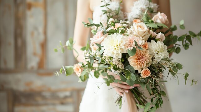 Bride holding a bouquet of pink and orange roses with greenery, detailed lace wedding dress, ideal for wedding decor, bridal photography, and floral arrangement ideas - Powered by Adobe