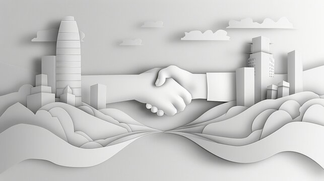Monochrome paper-cut illustration of a handshake in front of a cityscape. Business agreement and urban development concept.
