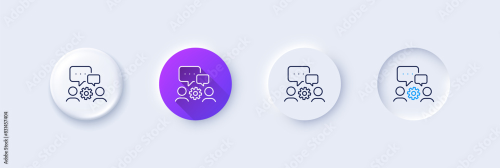 Poster engineering team line icon. neumorphic, purple gradient, 3d pin buttons. engineer or architect group