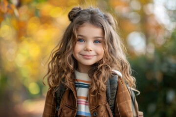 Fototapeta premium A happy little girl looking at camera ready to go back to school, early autumn