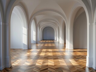 Fototapeta premium A long, narrow room with white walls and wooden floors. The room is empty and has a very clean and minimalist look