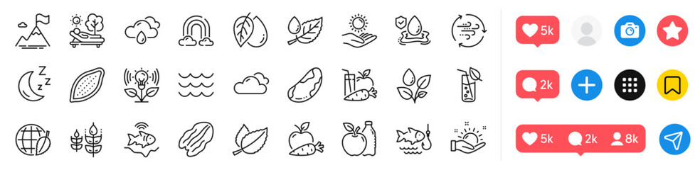 Wind energy, Plants watering and Apple line icons pack. Social media icons. Waves, Juice, Pecan nut web icon. Water glass, Sunny weather, Sun protection pictogram. Vector