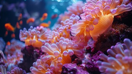 Underwater scene showcasing vibrant and colorful corals and sea anemones in a tropical ocean setting, teeming with marine life.