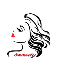 Beautiful sexy woman face, curly black hair style, fashion hairdresser, element design, spa salon. Portrait of a woman with voluminous, wavy brunette hair and a subtle makeup look