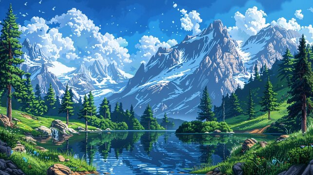 Low-res pixel art of a serene landscape, featuring mountains, trees, and a peaceful lake