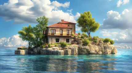 Obraz premium A small house is on a small island in the middle of the ocean