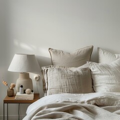 Minimalist bedroom with white bedding, elegant lamp, and book on nightstand.