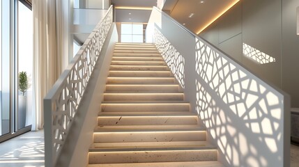 Fototapeta premium A modern staircase with a geometric patterned railing design