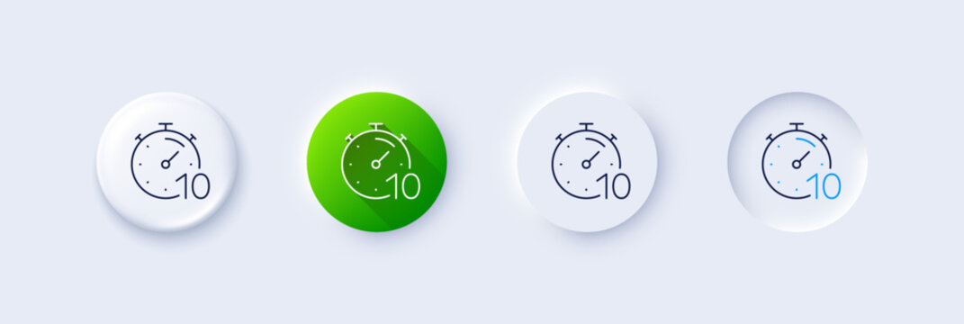 Timer 10 minutes line icon. Neumorphic, Green gradient, 3d pin buttons. Stopwatch time sign. Countdown clock symbol. Line icons. Neumorphic buttons with outline signs. Vector
