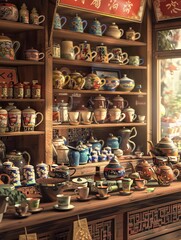 Fototapeta premium An eclectic collection of pottery from various artists, showcasing different styles, colors, and shapes in a vibrant room filled with artistic charm. Generative AI