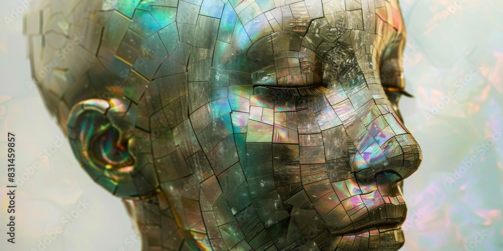 Aufkleber close-up of mosaic robot face with tiles and intricate details. futuristic design of robot head