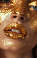 People, Close-up of a woman with stunning gold lips and face paint, gold dripping from her face.