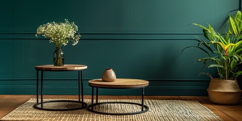Interior, A stylish dark green wall with round coffee tables, black with flowers, and beige with a vase, and plants.
