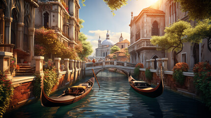  a Venice-like city with a canal running through it.