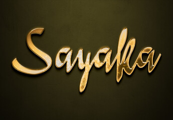 Old gold text effect of Japanese name Sayaka with 3D glossy style Mockup.