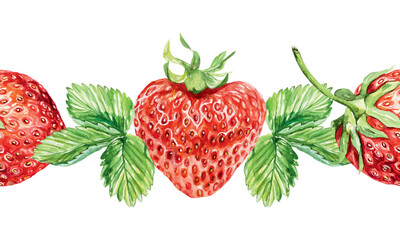Strawberry seamless border, watercolor. Green leaves and red berries. Vector illustration. For packaging paper, wallpaper, textiles, fabric, covers, tea labels, jam, cosmetics.