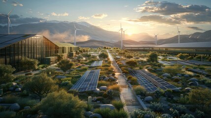 A bustling industrial site transformed into a hub of renewable energy production, with solar panels and wind turbines standing tall amidst the machinery, a vision of sustainability realized.