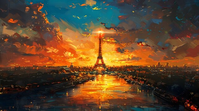 Vibrant sunset over Paris, highlighting the Eiffel Tower and reflecting on the Seine River.