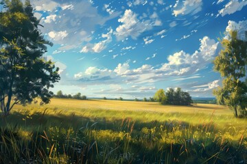 Immerse yourself in the vibrant colors and realistic details of this serene landscape painting, capturing the essence of a peaceful countryside.