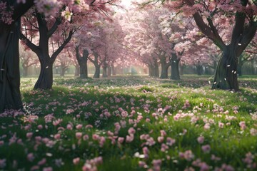 Experience the serenity of a park adorned with vibrant cherry blossom trees, as their delicate pink petals dance in the gentle breeze.