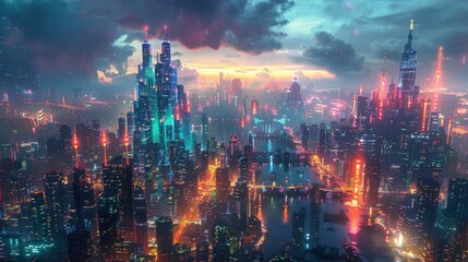 A futuristic cityscape bathed in the glow of neon lights, powered entirely by renewable energy sources, a beacon of progress in a world striving for sustainability.