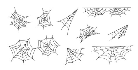 Spider webs set simple hand drawn vector outline illustration of doodle fancy Halloween scary decor elements, clipart perfect for Halloween party design, cartoon spooky character